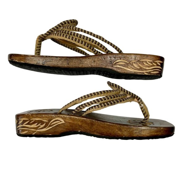 Carved Wooden Japanese Inspired Raffia Flip Flop Platform Thong Sandals Sz 6/6.5 - Picture 7 of 9